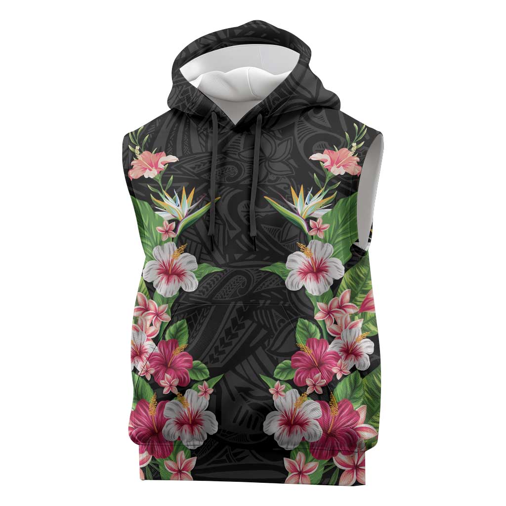 Hawaii Tropical Flowers Sleeveless Hoodie Black Polynesian Tattoo Art