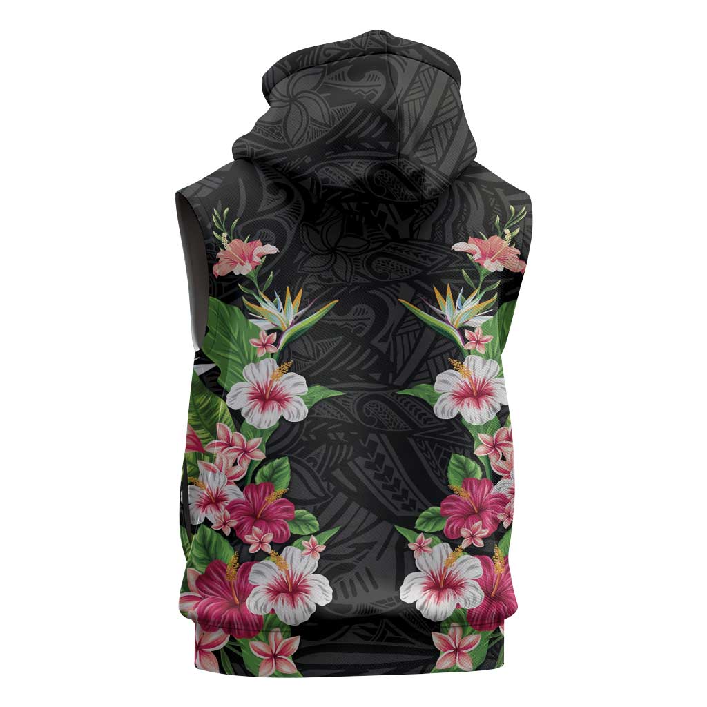 Hawaii Tropical Flowers Sleeveless Hoodie Black Polynesian Tattoo Art