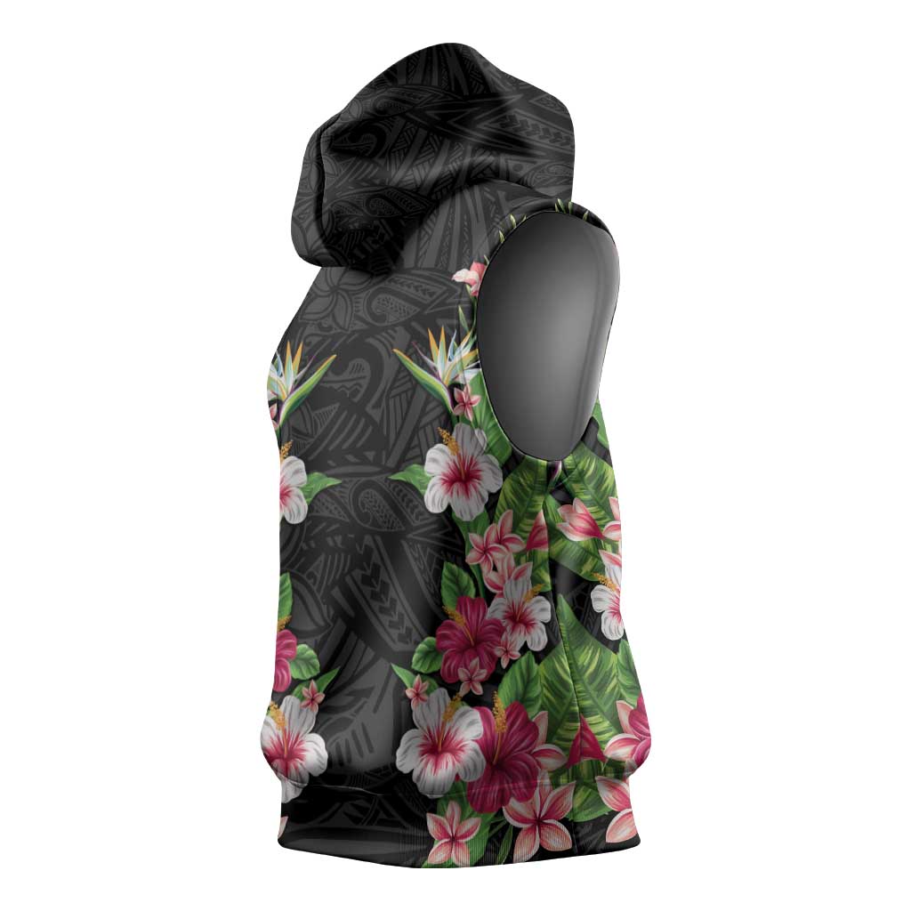 Hawaii Tropical Flowers Sleeveless Hoodie Black Polynesian Tattoo Art