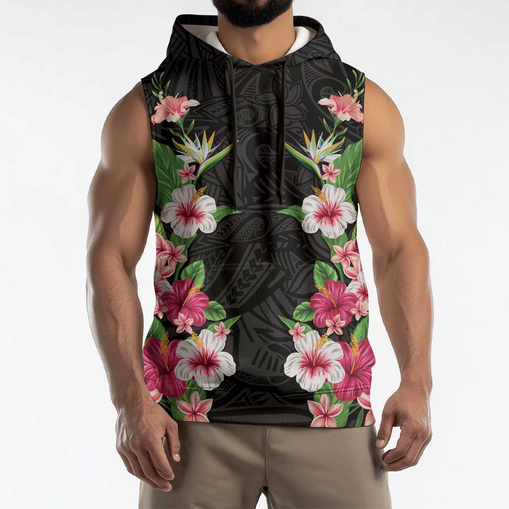 Hawaii Tropical Flowers Sleeveless Hoodie Black Polynesian Tattoo Art