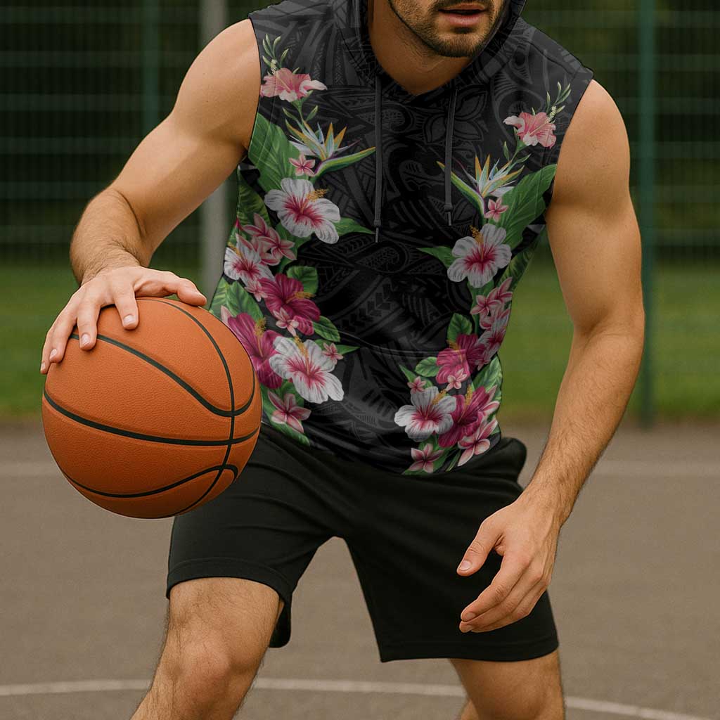 Hawaii Tropical Flowers Sleeveless Hoodie Black Polynesian Tattoo Art