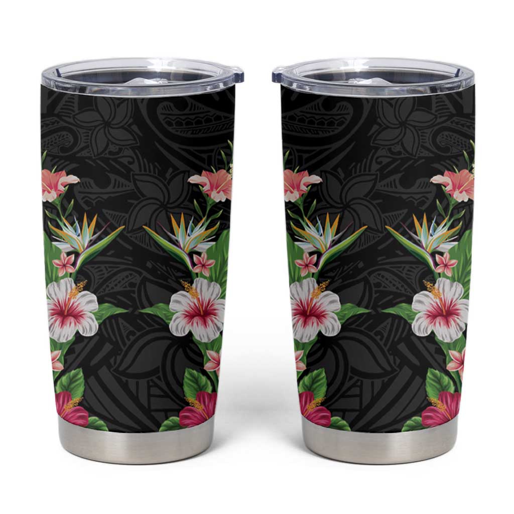 Hawaii Tropical Flowers Tumbler Cup Black Polynesian Tattoo Art LT05 Black - Polynesian Pride