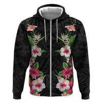 Hawaii Tropical Flowers Zip Hoodie Black Polynesian Tattoo Art LT05 Zip Hoodie Black - Polynesian Pride