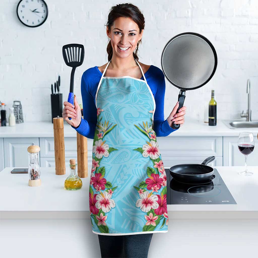 Hawaii Tropical Flowers Apron Sky Blue Polynesian Tattoo Art LT05 - Polynesian Pride