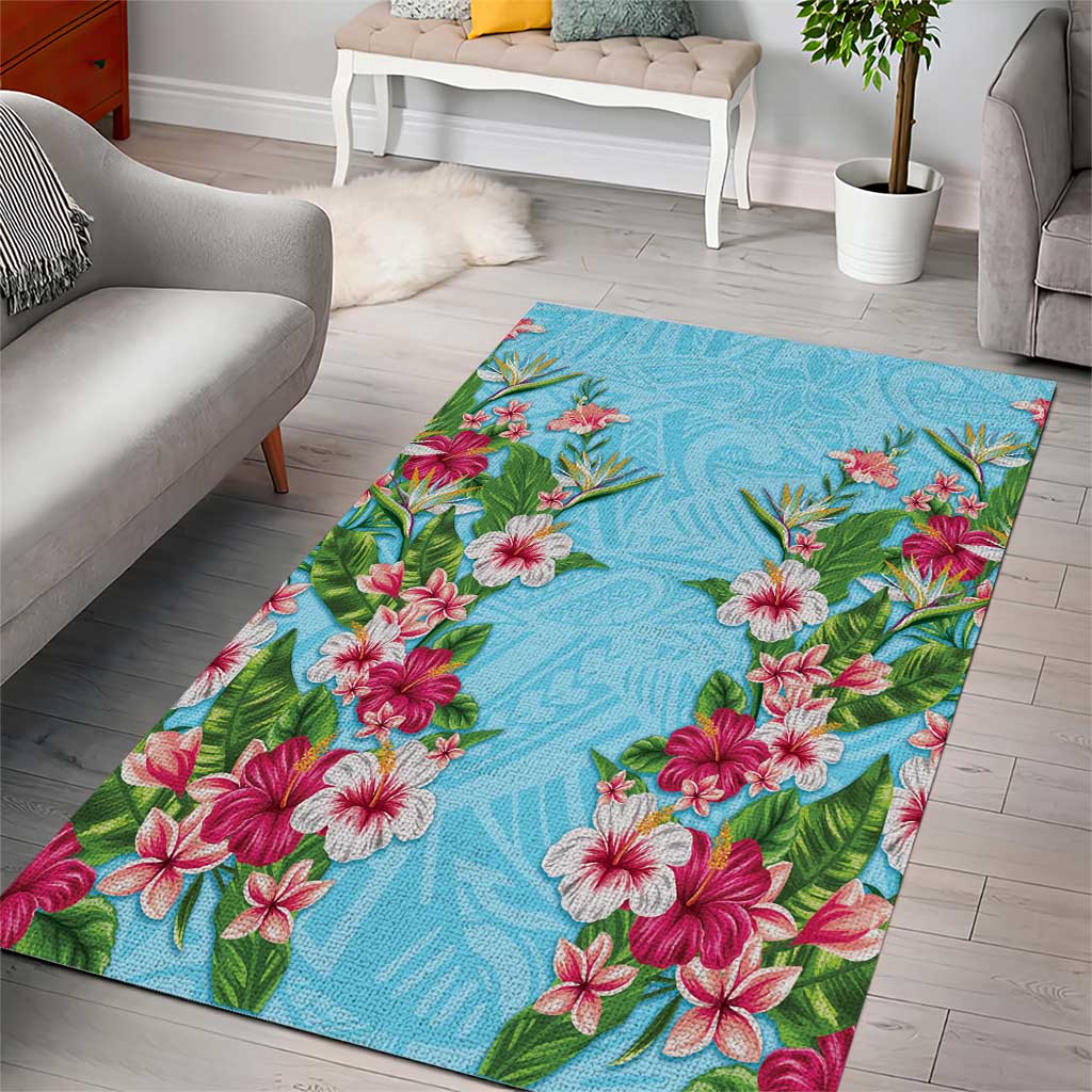 Hawaii Tropical Flowers Area Rug Sky Blue Polynesian Tattoo Art