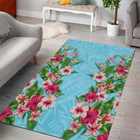 Hawaii Tropical Flowers Area Rug Sky Blue Polynesian Tattoo Art