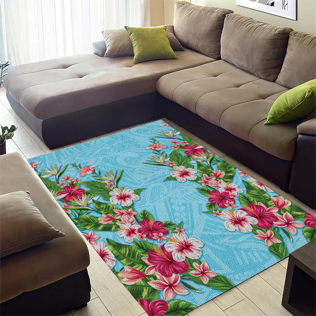 Hawaii Tropical Flowers Area Rug Sky Blue Polynesian Tattoo Art