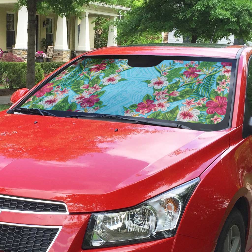 Hawaii Tropical Flowers Auto Sun Shade Sky Blue Polynesian Tattoo Art