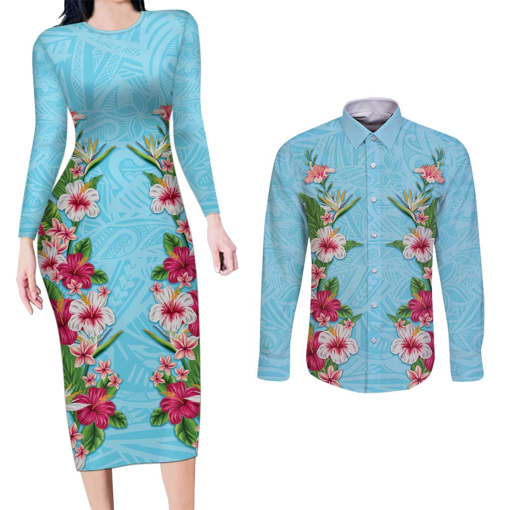 Hawaii Tropical Flowers Couples Matching Long Sleeve Bodycon Dress and Long Sleeve Button Shirt Sky Blue Polynesian Tattoo Art LT05 Blue - Polynesian Pride