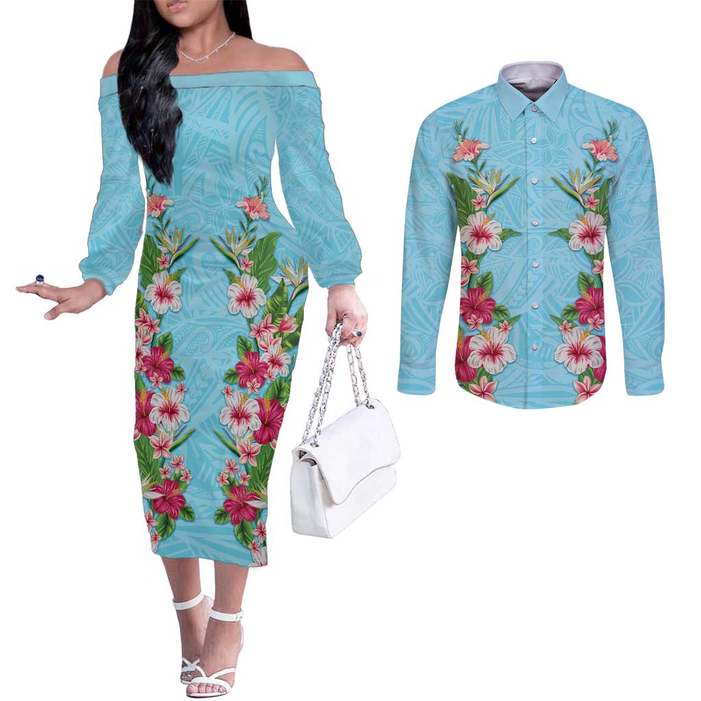 Hawaii Tropical Flowers Couples Matching Off The Shoulder Long Sleeve Dress and Long Sleeve Button Shirt Sky Blue Polynesian Tattoo Art