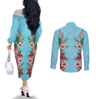 Hawaii Tropical Flowers Couples Matching Off The Shoulder Long Sleeve Dress and Long Sleeve Button Shirt Sky Blue Polynesian Tattoo Art