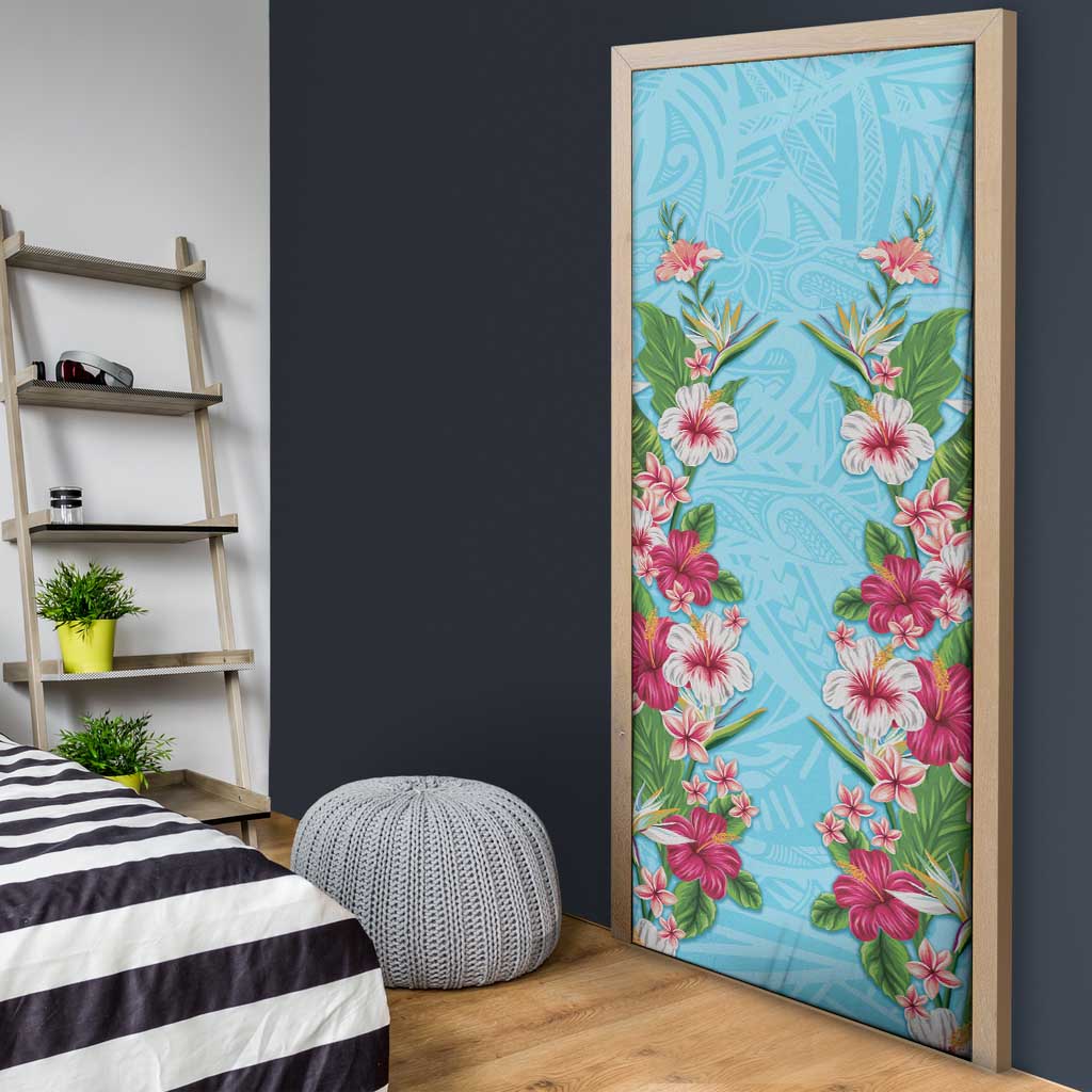 Hawaii Tropical Flowers Door Cover Sky Blue Polynesian Tattoo Art LT05 - Polynesian Pride