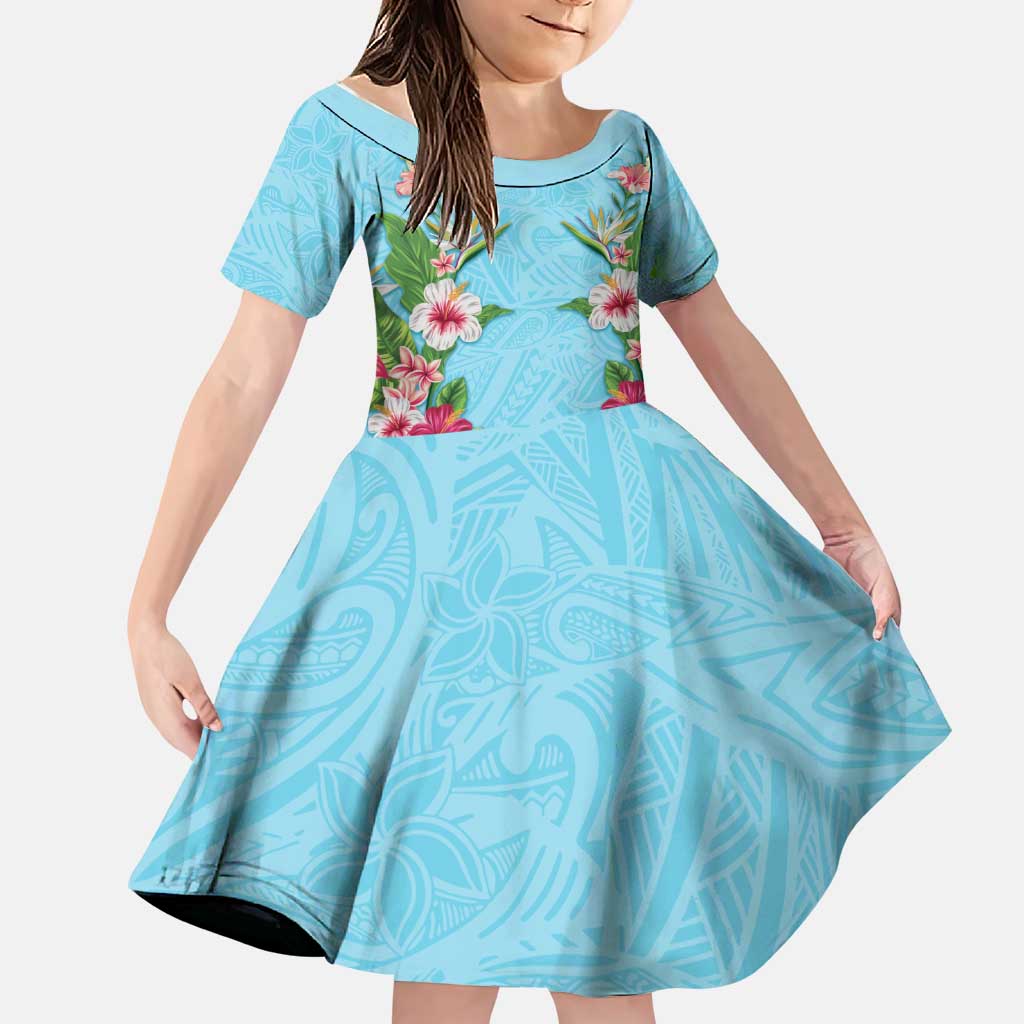 Hawaii Tropical Flowers Family Matching Summer Maxi Dress and Hawaiian Shirt Sky Blue Polynesian Tattoo Art