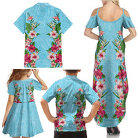 Hawaii Tropical Flowers Family Matching Summer Maxi Dress and Hawaiian Shirt Sky Blue Polynesian Tattoo Art