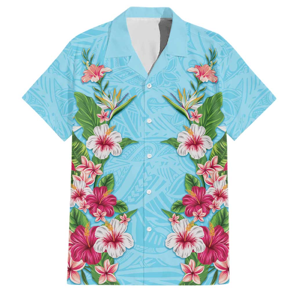 Hawaii Tropical Flowers Family Matching Summer Maxi Dress and Hawaiian Shirt Sky Blue Polynesian Tattoo Art