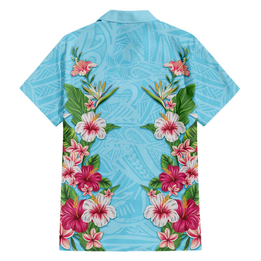 Hawaii Tropical Flowers Family Matching Summer Maxi Dress and Hawaiian Shirt Sky Blue Polynesian Tattoo Art