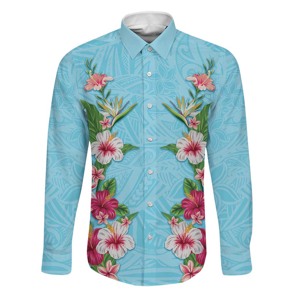 Hawaii Tropical Flowers Family Matching Summer Maxi Dress and Hawaiian Shirt Sky Blue Polynesian Tattoo Art