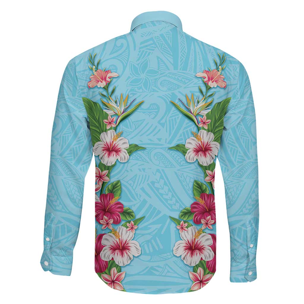Hawaii Tropical Flowers Family Matching Summer Maxi Dress and Hawaiian Shirt Sky Blue Polynesian Tattoo Art