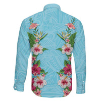 Hawaii Tropical Flowers Family Matching Summer Maxi Dress and Hawaiian Shirt Sky Blue Polynesian Tattoo Art