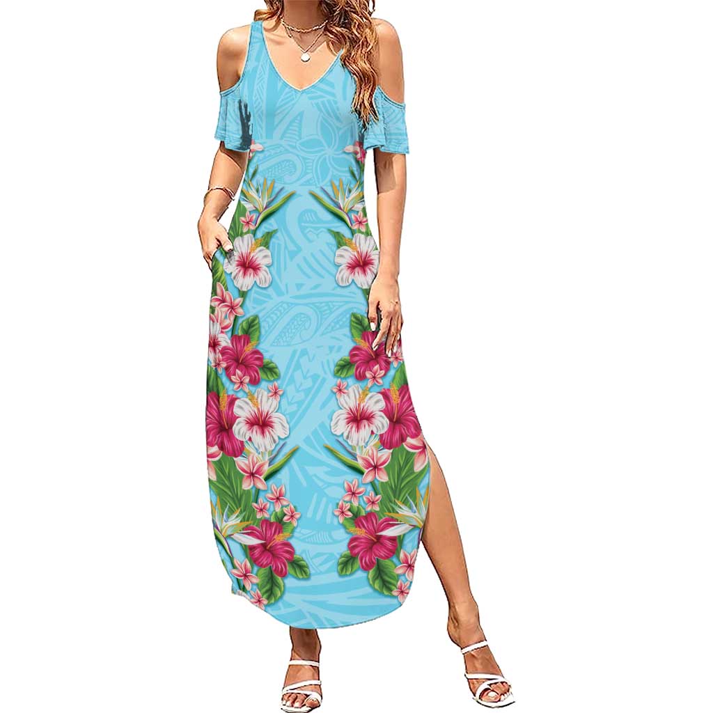 Hawaii Tropical Flowers Family Matching Summer Maxi Dress and Hawaiian Shirt Sky Blue Polynesian Tattoo Art