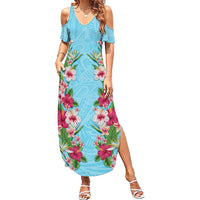 Hawaii Tropical Flowers Family Matching Summer Maxi Dress and Hawaiian Shirt Sky Blue Polynesian Tattoo Art