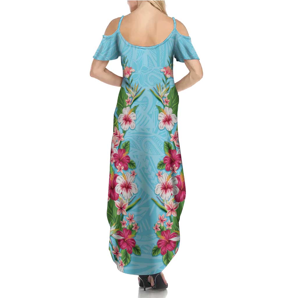 Hawaii Tropical Flowers Family Matching Summer Maxi Dress and Hawaiian Shirt Sky Blue Polynesian Tattoo Art