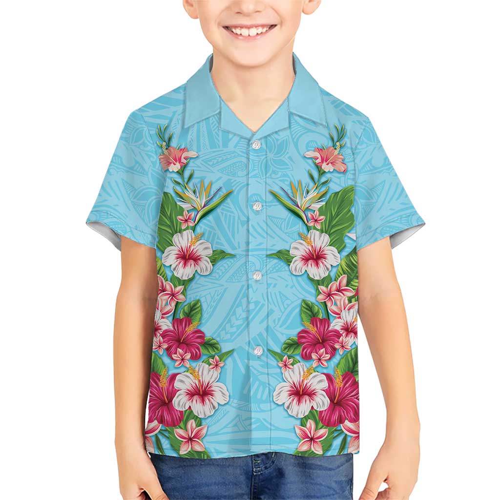 Hawaii Tropical Flowers Family Matching Summer Maxi Dress and Hawaiian Shirt Sky Blue Polynesian Tattoo Art