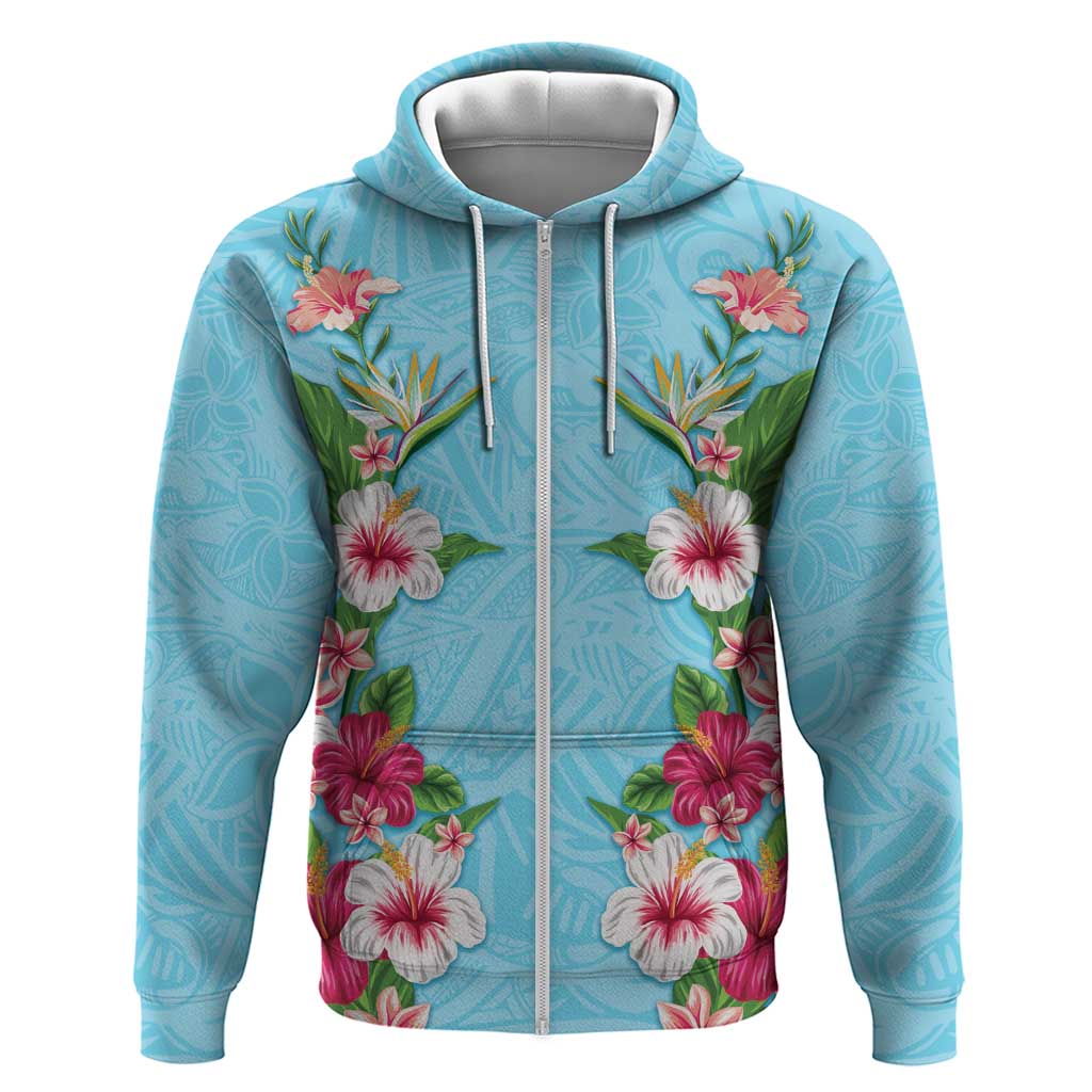 Hawaii Tropical Flowers Hoodie Sky Blue Polynesian Tattoo Art LT05 Zip Hoodie Blue - Polynesian Pride