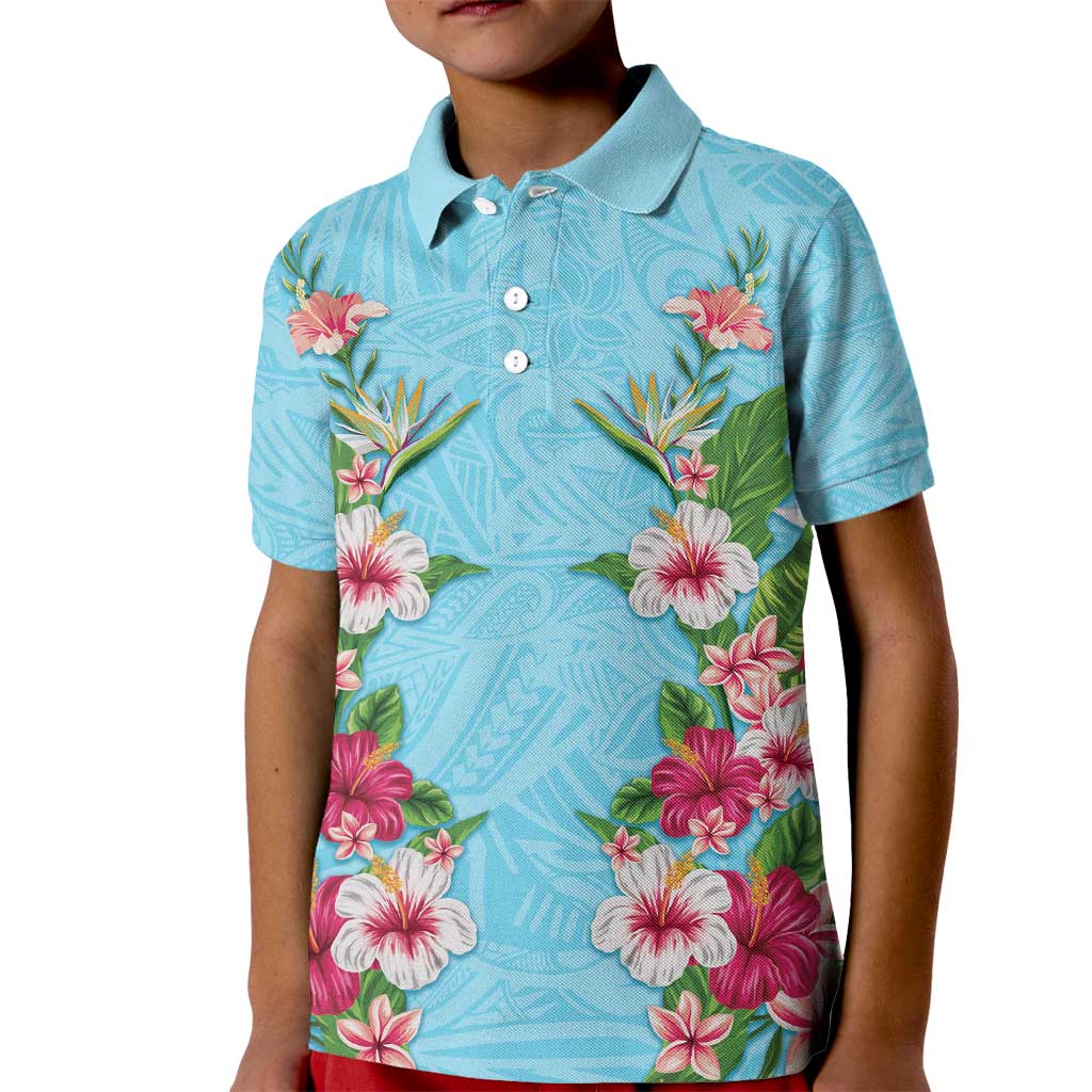 Hawaii Tropical Flowers Kid Polo Shirt Sky Blue Polynesian Tattoo Art