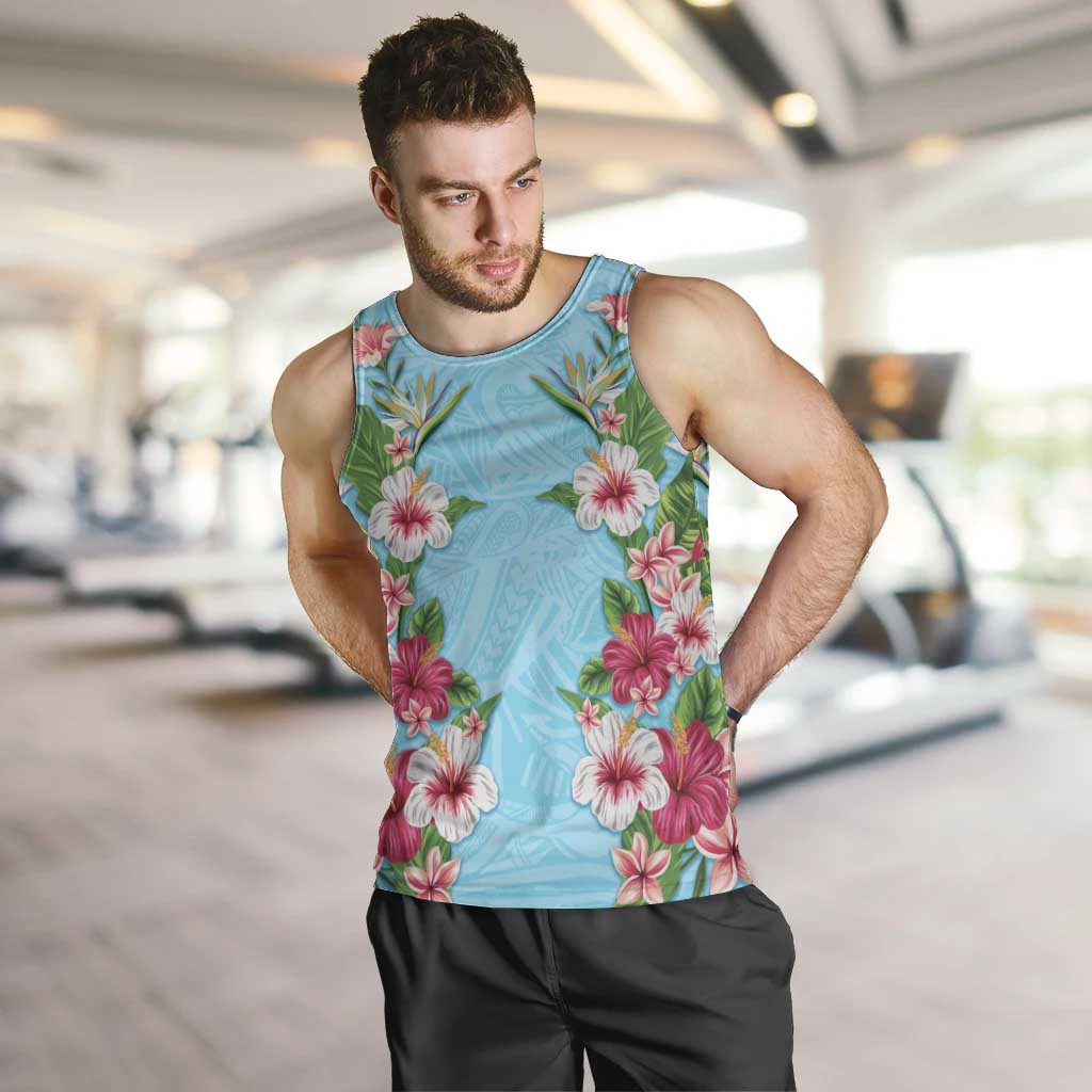 Hawaii Tropical Flowers Men Tank Top Sky Blue Polynesian Tattoo Art