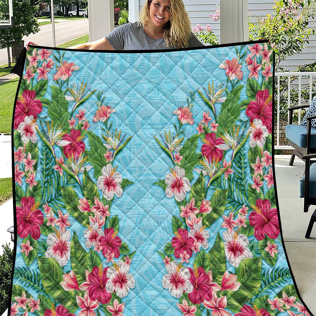 Hawaii Tropical Flowers Quilt Sky Blue Polynesian Tattoo Art LT05 Blue - Polynesian Pride