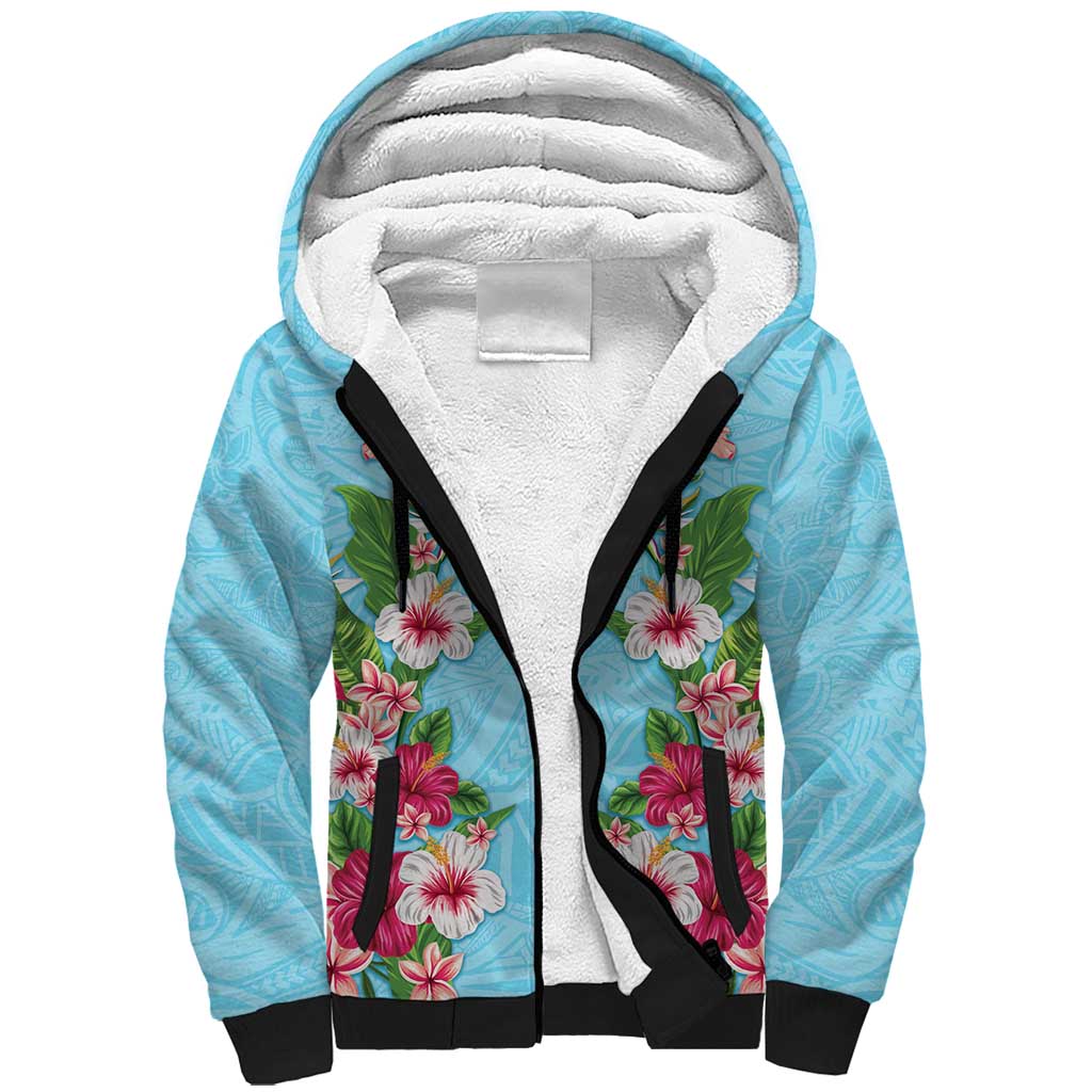 Hawaii Tropical Flowers Sherpa Hoodie Sky Blue Polynesian Tattoo Art