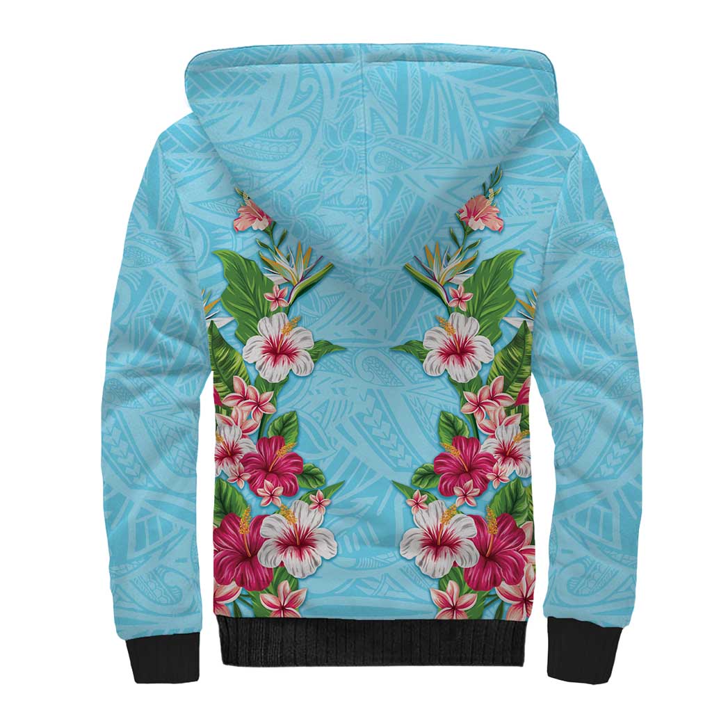 Hawaii Tropical Flowers Sherpa Hoodie Sky Blue Polynesian Tattoo Art
