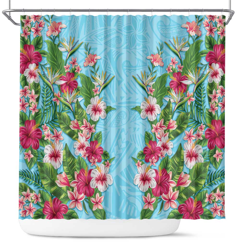 Hawaii Tropical Flowers Shower Curtain Sky Blue Polynesian Tattoo Art