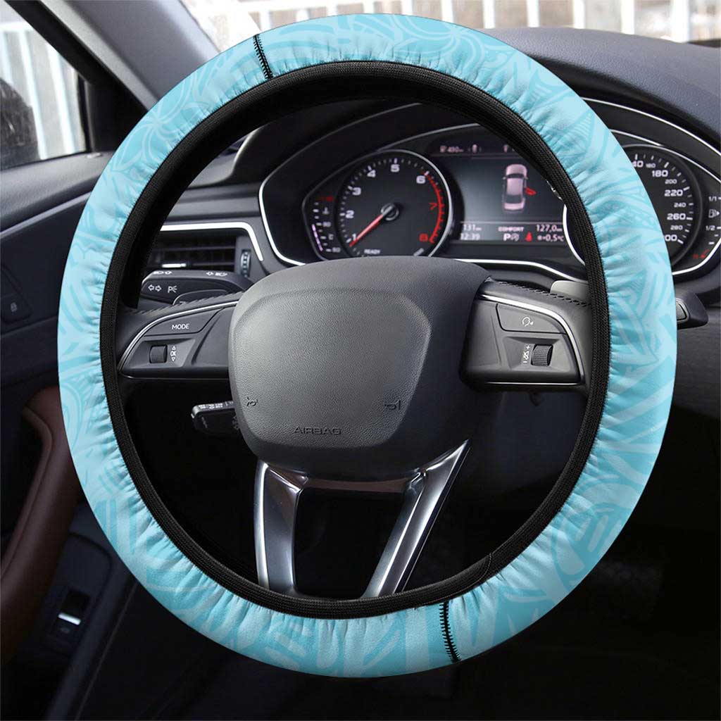 Hawaii Tropical Flowers Steering Wheel Cover Sky Blue Polynesian Tattoo Art