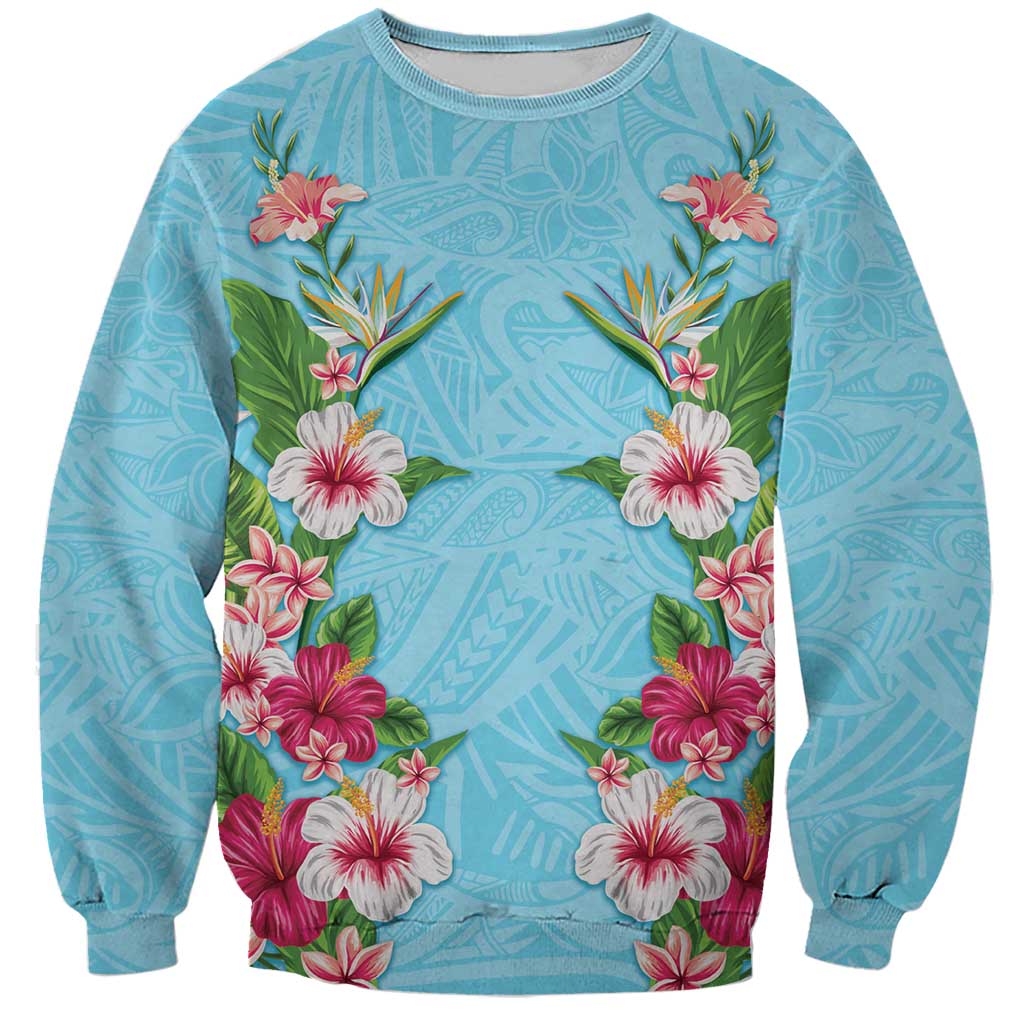 Hawaii Tropical Flowers Sweatshirt Sky Blue Polynesian Tattoo Art