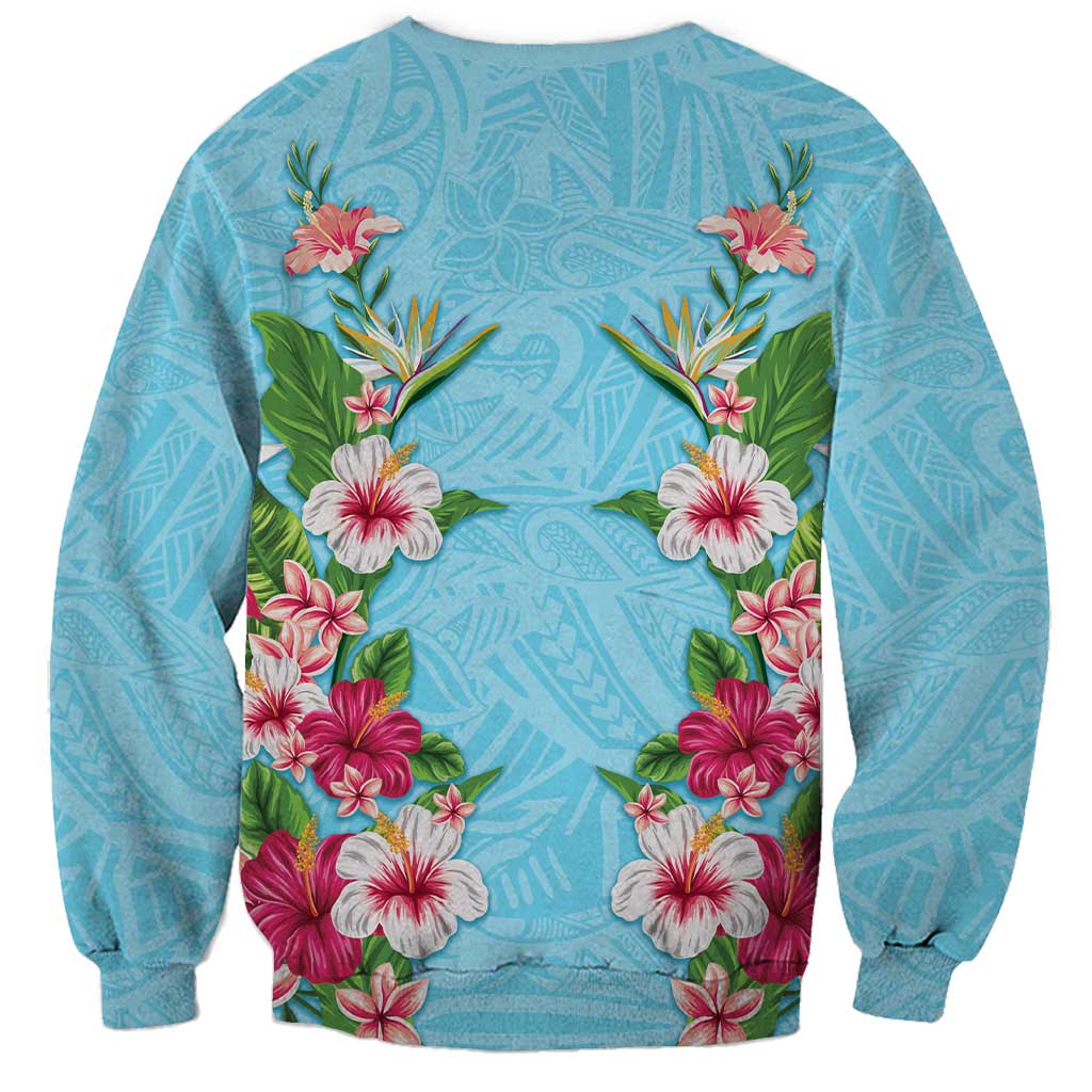 Hawaii Tropical Flowers Sweatshirt Sky Blue Polynesian Tattoo Art