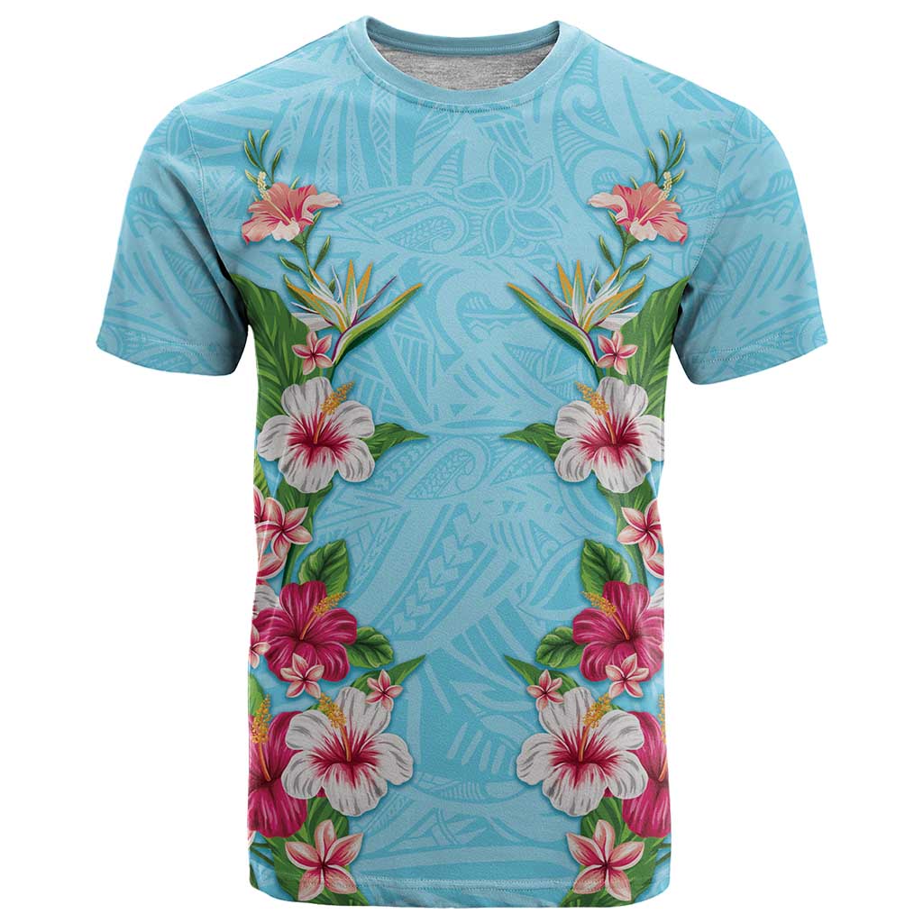 Hawaii Tropical Flowers T Shirt Sky Blue Polynesian Tattoo Art
