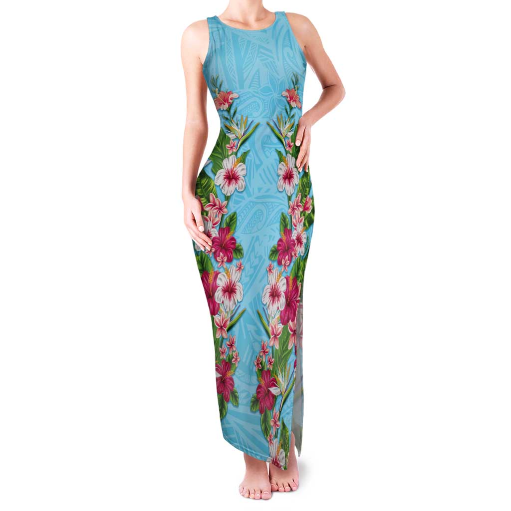 Hawaii Tropical Flowers Tank Maxi Dress Sky Blue Polynesian Tattoo Art