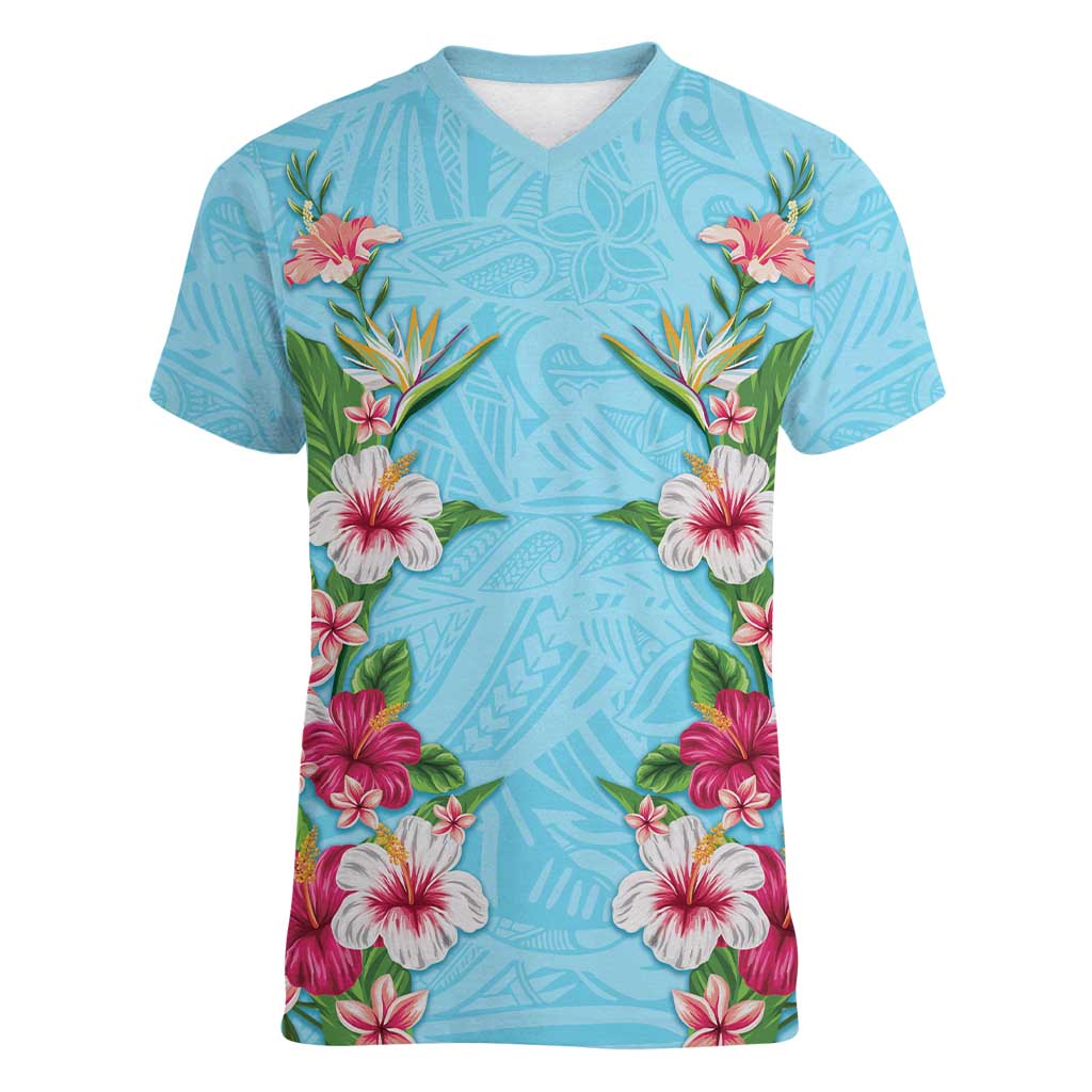 Hawaii Tropical Flowers Women V-Neck T-Shirt Sky Blue Polynesian Tattoo Art