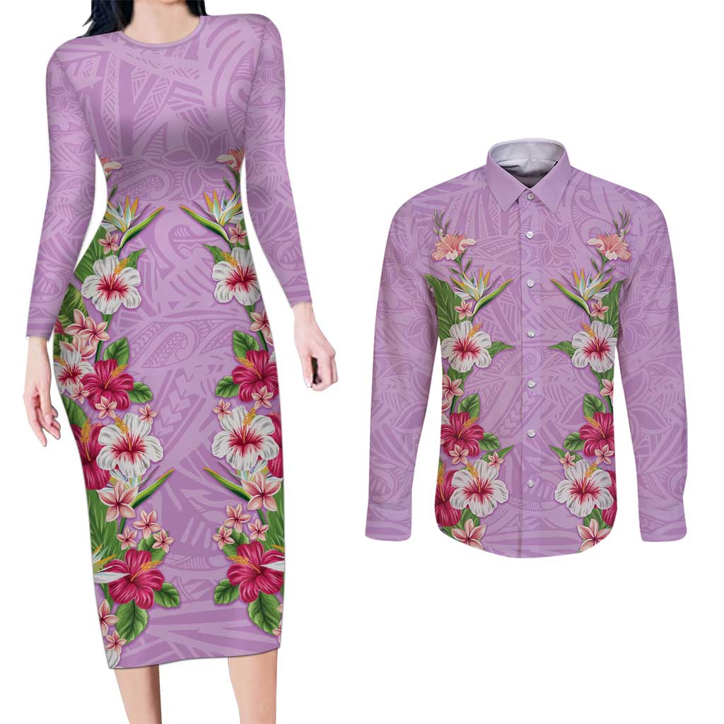 Hawaii Tropical Flowers Couples Matching Long Sleeve Bodycon Dress and Long Sleeve Button Shirt Lavender Polynesian Tattoo Art LT05 Lavender - Polynesian Pride
