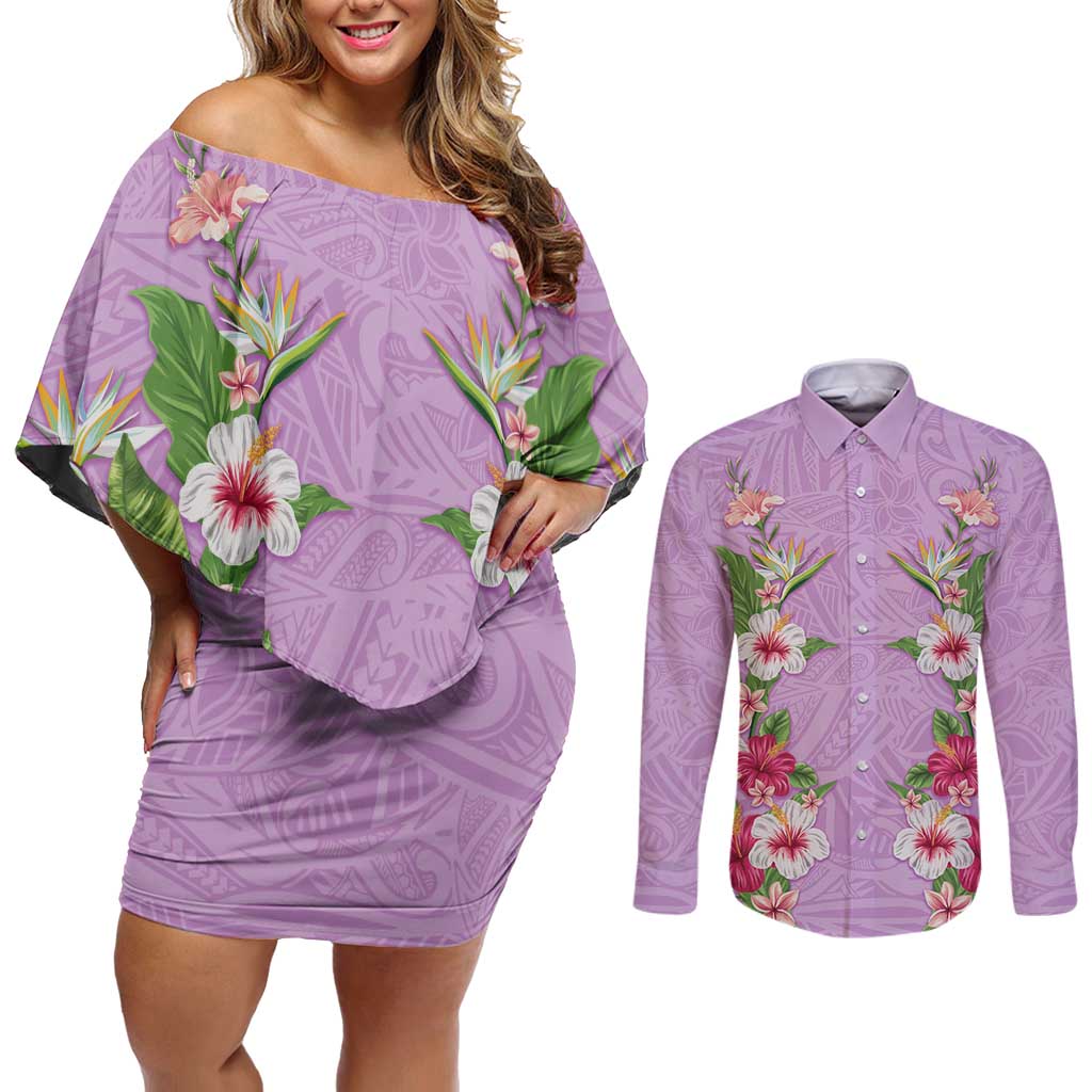 Hawaii Tropical Flowers Couples Matching Off Shoulder Short Dress and Long Sleeve Button Shirt Lavender Polynesian Tattoo Art LT05 Lavender - Polynesian Pride