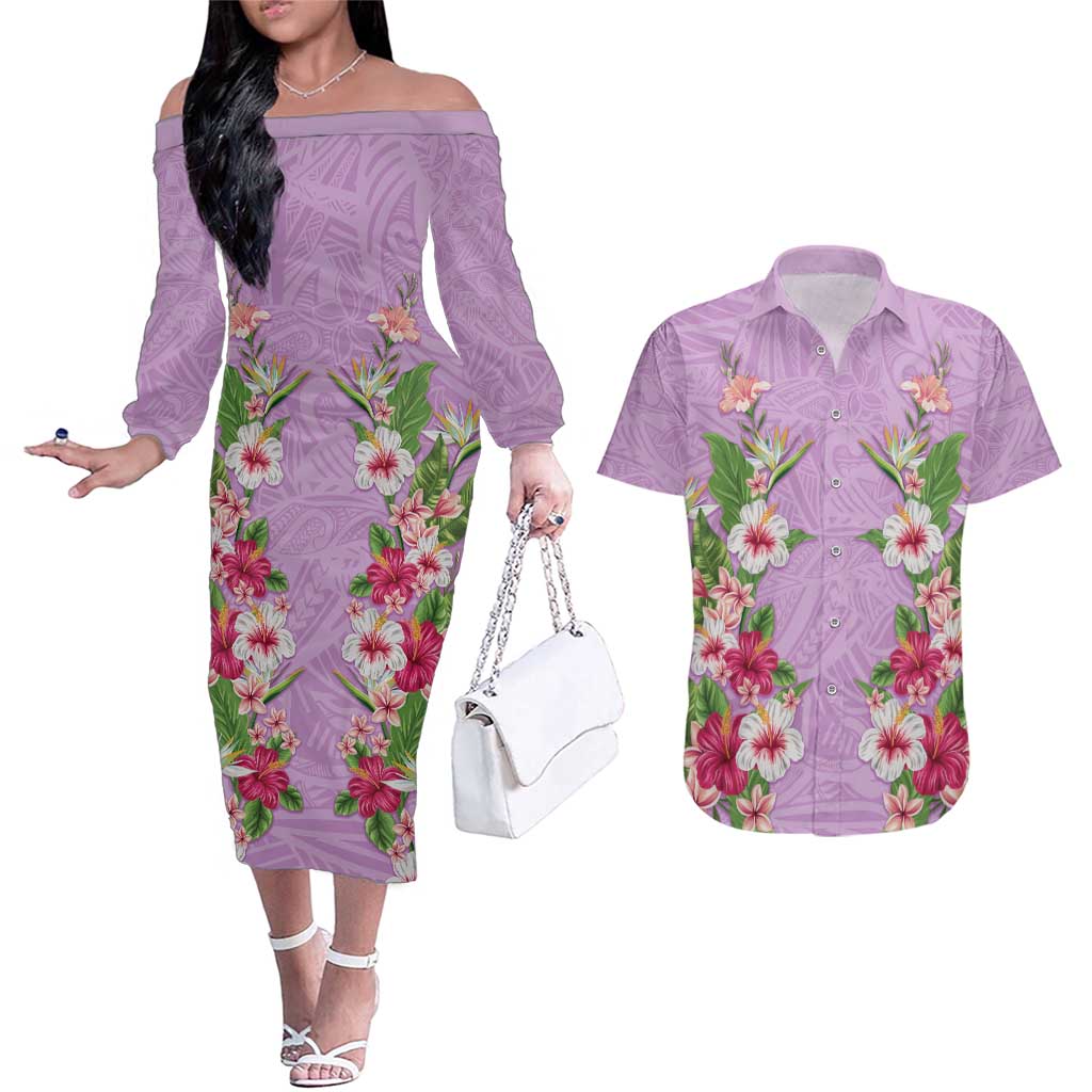 Hawaii Tropical Flowers Couples Matching Off The Shoulder Long Sleeve Dress and Hawaiian Shirt Lavender Polynesian Tattoo Art