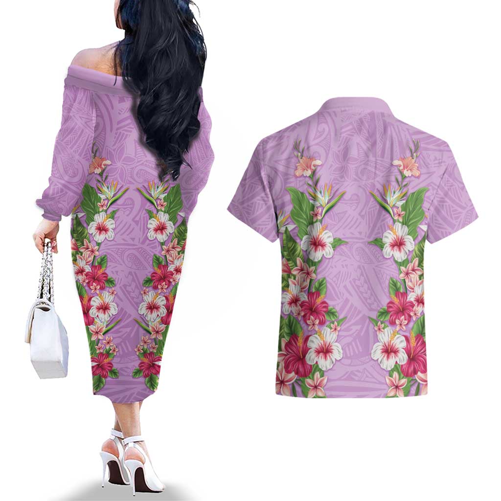 Hawaii Tropical Flowers Couples Matching Off The Shoulder Long Sleeve Dress and Hawaiian Shirt Lavender Polynesian Tattoo Art