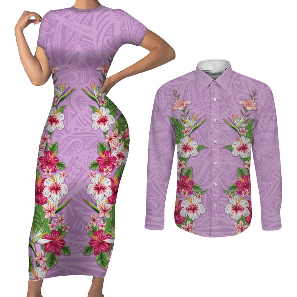 Hawaii Tropical Flowers Couples Matching Short Sleeve Bodycon Dress and Long Sleeve Button Shirt Lavender Polynesian Tattoo Art
