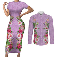 Hawaii Tropical Flowers Couples Matching Short Sleeve Bodycon Dress and Long Sleeve Button Shirt Lavender Polynesian Tattoo Art