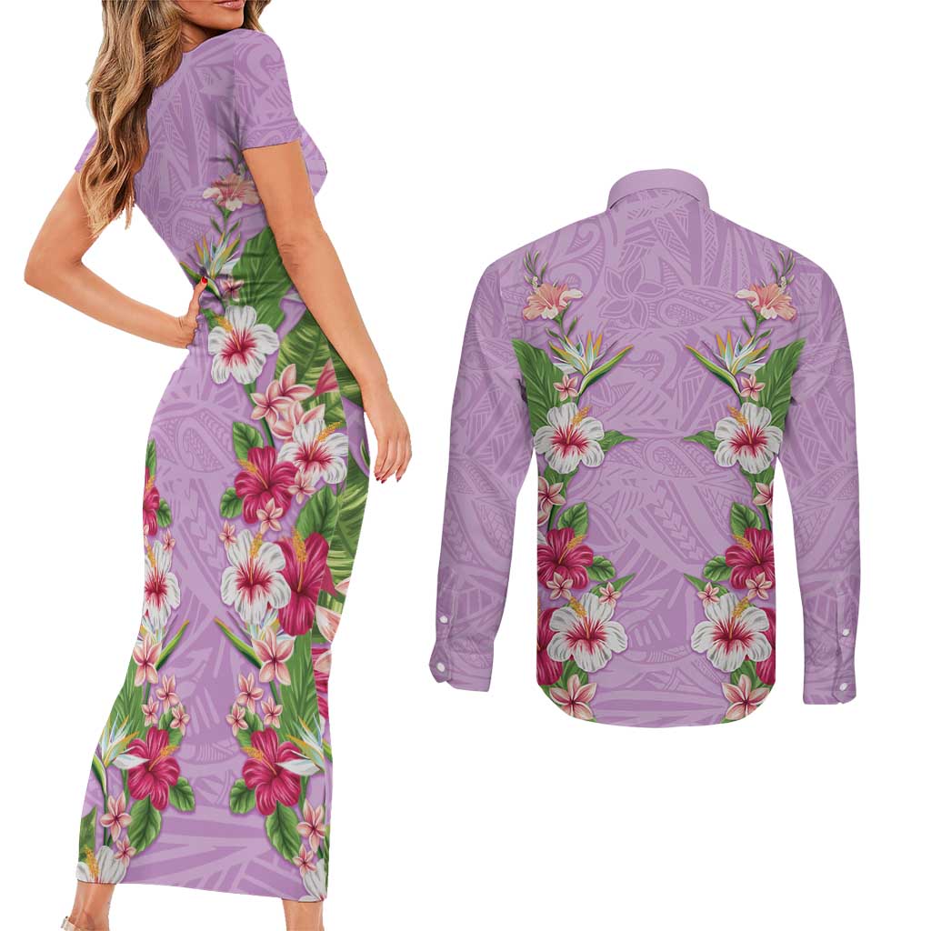 Hawaii Tropical Flowers Couples Matching Short Sleeve Bodycon Dress and Long Sleeve Button Shirt Lavender Polynesian Tattoo Art