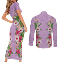 Hawaii Tropical Flowers Couples Matching Short Sleeve Bodycon Dress and Long Sleeve Button Shirt Lavender Polynesian Tattoo Art