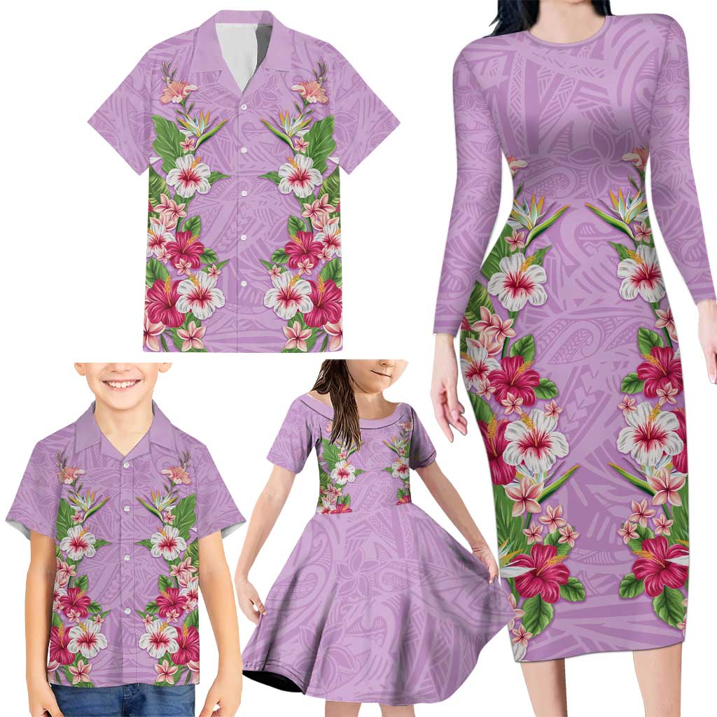 Hawaii Tropical Flowers Family Matching Long Sleeve Bodycon Dress and Hawaiian Shirt Lavender Polynesian Tattoo Art LT05 - Polynesian Pride