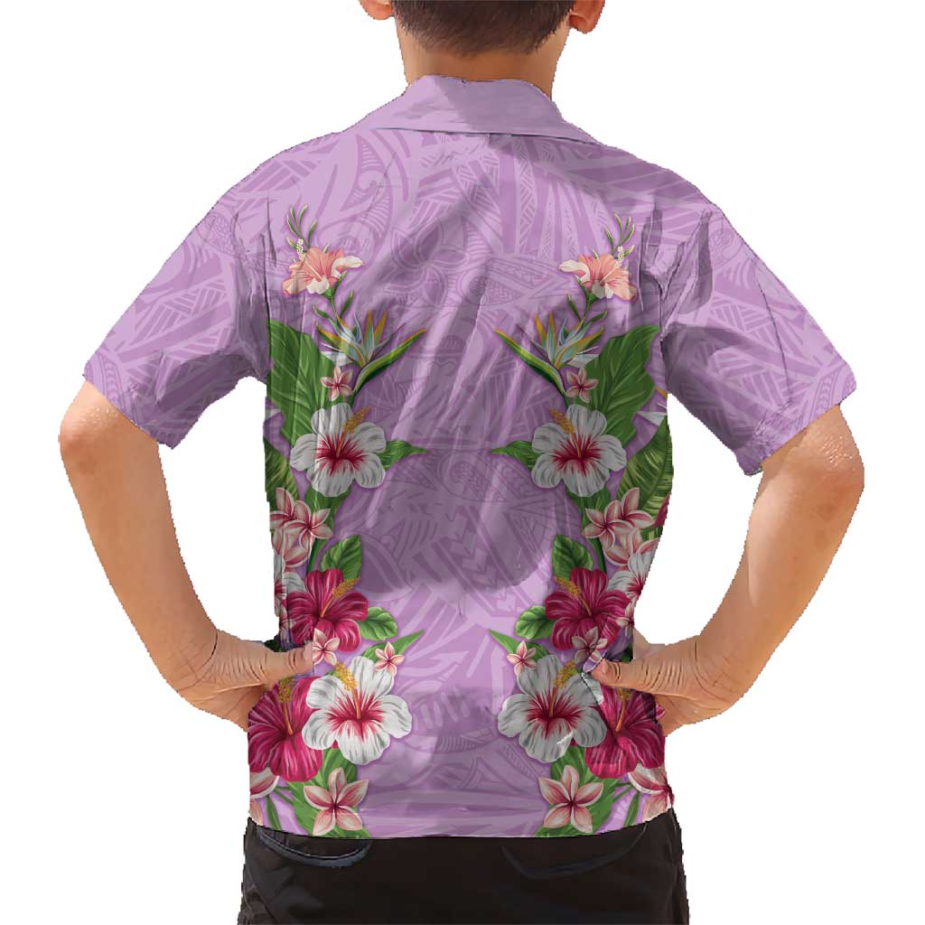 Hawaii Tropical Flowers Family Matching Off Shoulder Maxi Dress and Hawaiian Shirt Lavender Polynesian Tattoo Art
